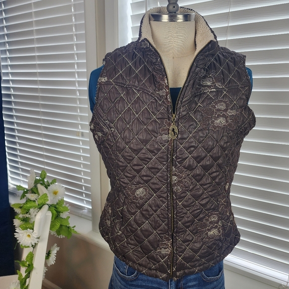Cowgirl Up Windbreaker Zip Vest Brown Flower Sparkle Sz Large - Picture 2 of 7